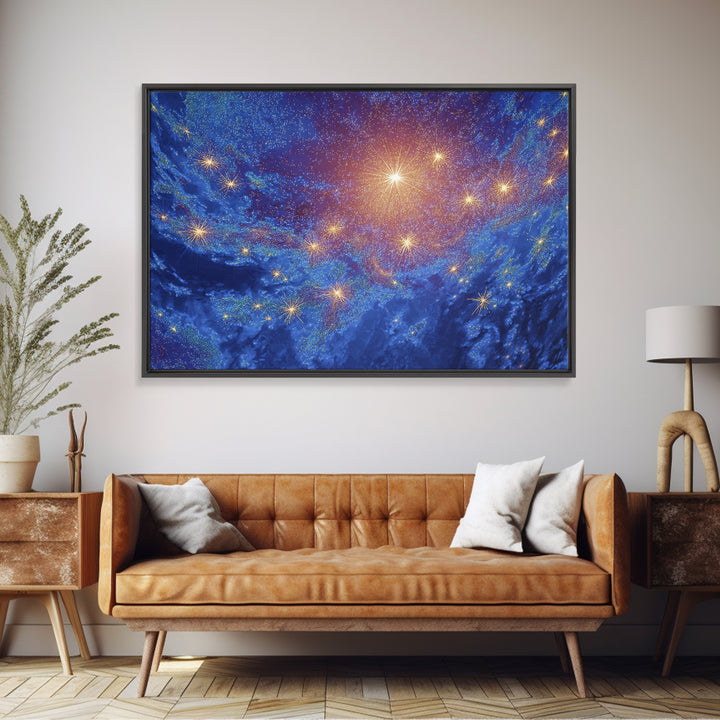 Blue Cosmic Starfield Nebula Wall Art, Galaxy Abstract Space Poster, Modern Digital Art, Celestial Home Decor Canvas Print