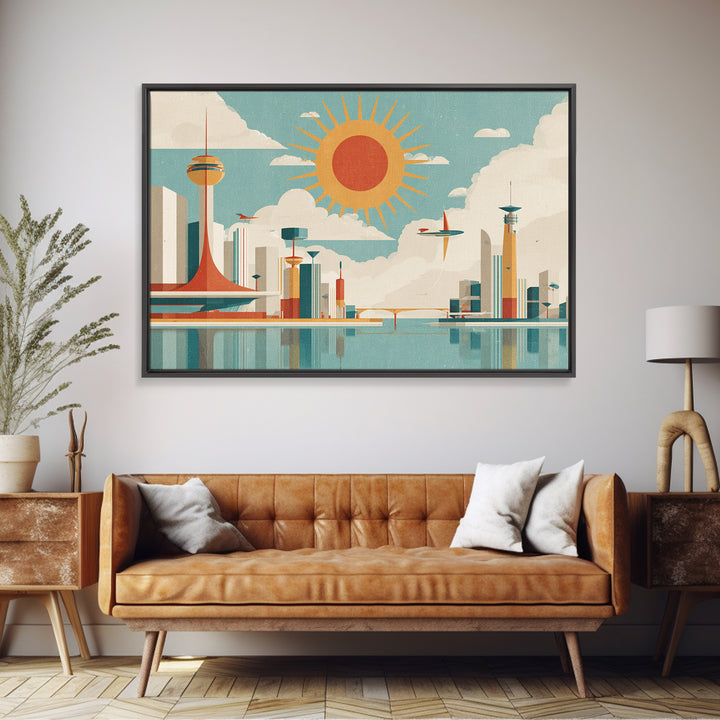 Midcentury Space Age City With Sunburst Wall Art, Atomic Retro Art Print, Geometric Poster, Modern Wall Decor, Mcm Home Decor
