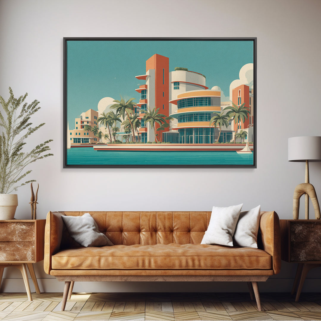 Art Deco Waterfront Hotel With Palm Trees Wall Art, Mid Century Modern Poster, Retro Travel Print, Palm Springs Decor, Home Decor