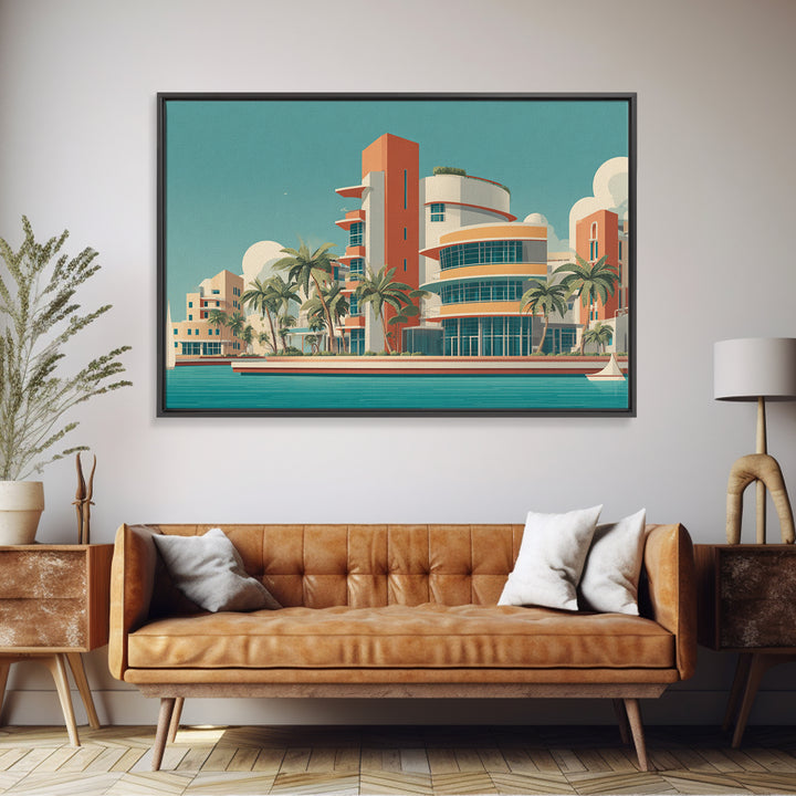 Art Deco Waterfront Hotel With Palm Trees Wall Art, Mid Century Modern Poster, Retro Travel Print, Palm Springs Decor, Home Decor