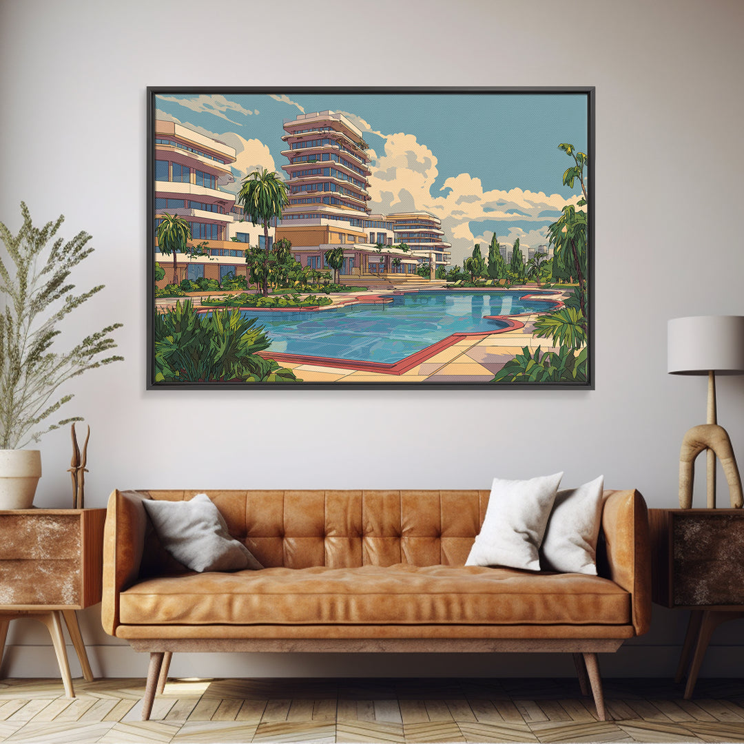 Sunny Resort Pool And Palm Terrace Framed Canvas Print, Mid Century Modern Wall Art, Retro Travel Poster, Office Decor Print
