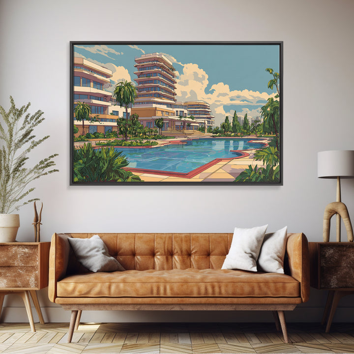 Sunny Resort Pool And Palm Terrace Framed Canvas Print, Mid Century Modern Wall Art, Retro Travel Poster, Office Decor Print