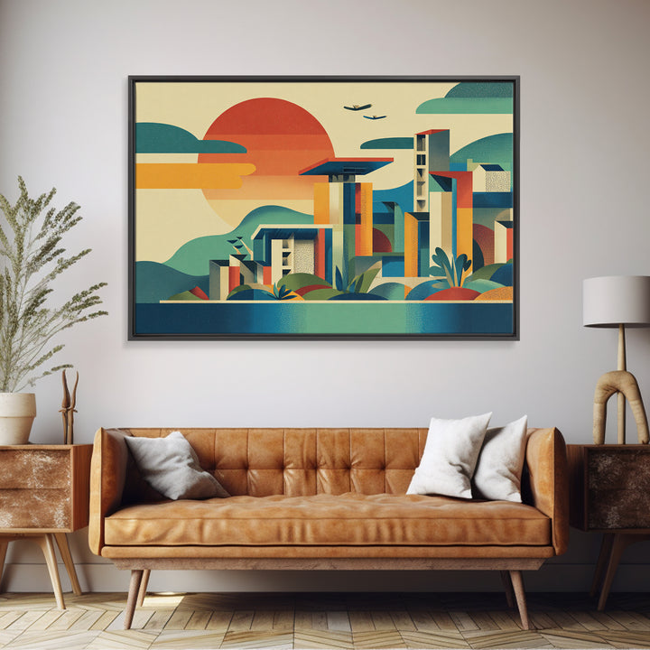 Geometric Coastal City Sunset Canvas Print, Mid Century Modern Wall Art, Bauhaus Poster, Colorful Abstract Home Decor Print