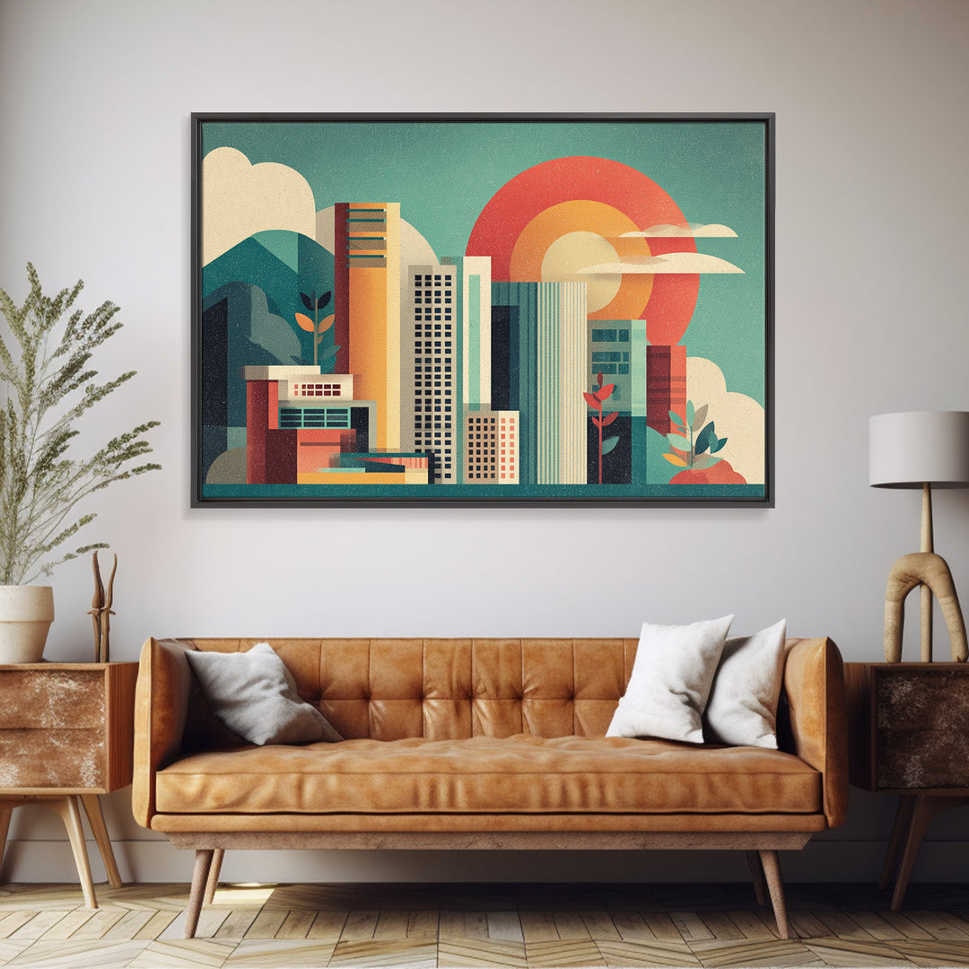 Modern City Skyline With Giant Sun Wall Art, Mid Century Modern Print, Geometric Abstract Poster, Colorful Office Decor Print