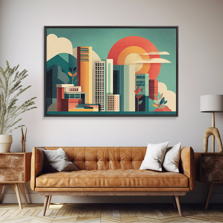 Modern City Skyline With Giant Sun Wall Art, Mid Century Modern Print, Geometric Abstract Poster, Colorful Office Decor Print