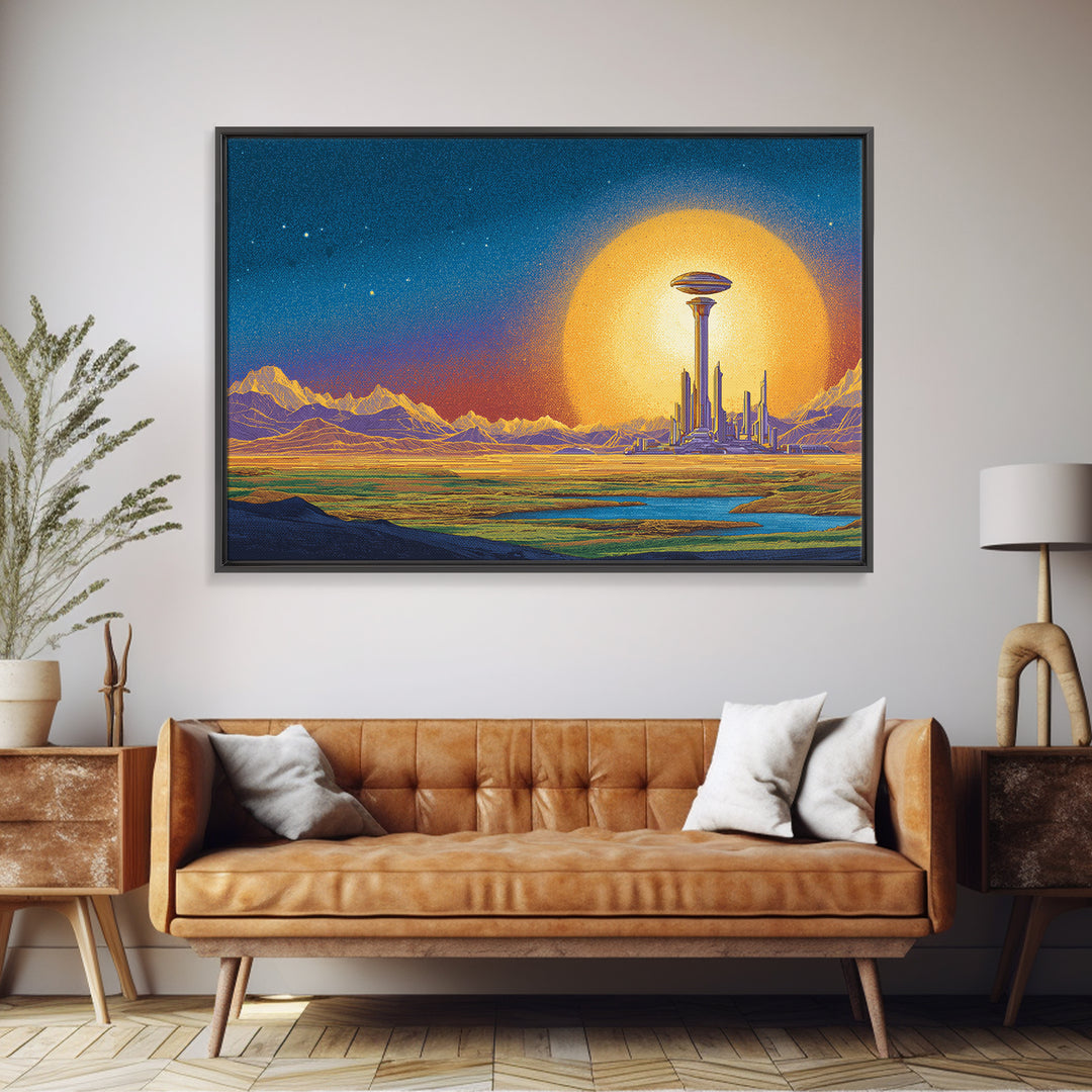 Retro Futuristic Space City With Golden Moon Wall Art, Mid Century Modern Poster, Sci Fi Landscape Print, Man Cave Decor
