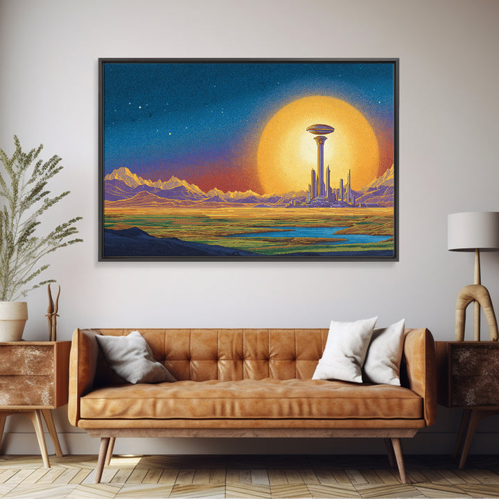 Retro Futuristic Space City With Golden Moon Wall Art, Mid Century Modern Poster, Sci Fi Landscape Print, Man Cave Decor