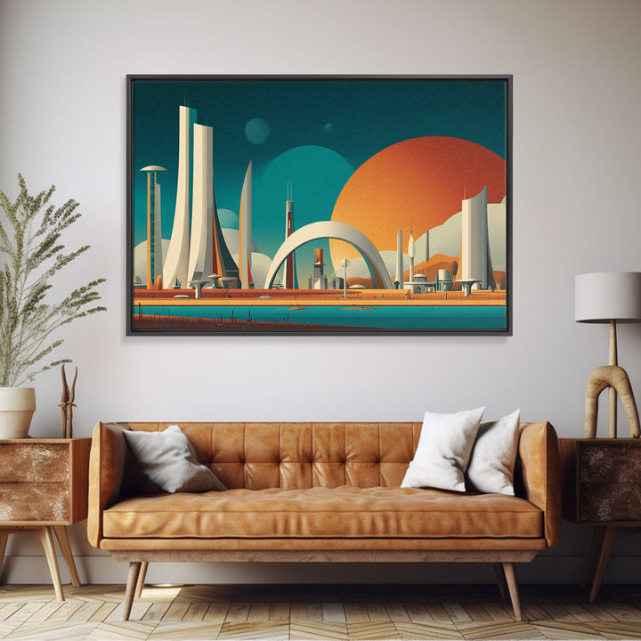 Futurist White Towers And Arched City Canvas Print, Mid Century Modern Wall Art, Retro Sci Fi Poster, Large Wall Decor Print