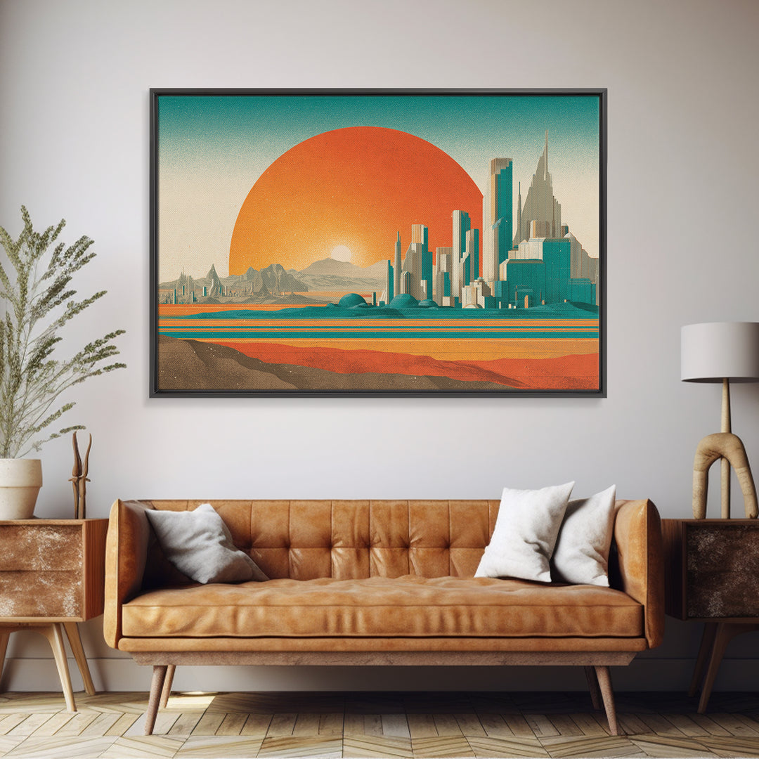 Desert Metropolis With Giant Orange Sun Framed Canvas Print, Mid Century Modern Wall Art, Retro Futuristic Poster, Office Decor