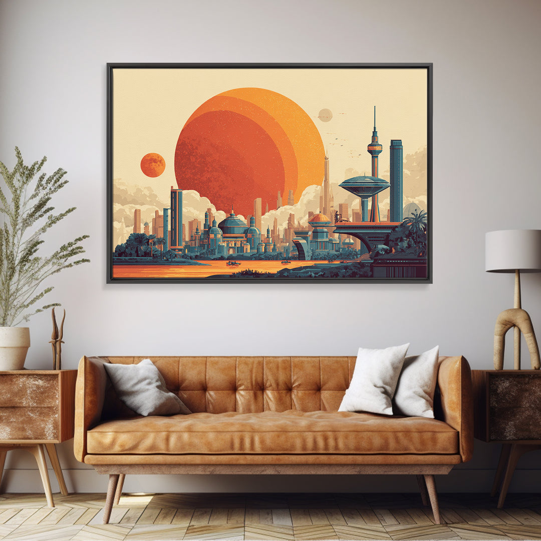 Futuristic Planet Skyline With Domed City Wall Art, Mid Century Modern Poster, Retro Sci Fi Print, Colorful Home Decor Print