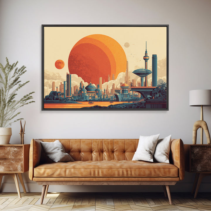 Futuristic Planet Skyline With Domed City Wall Art, Mid Century Modern Poster, Retro Sci Fi Print, Colorful Home Decor Print