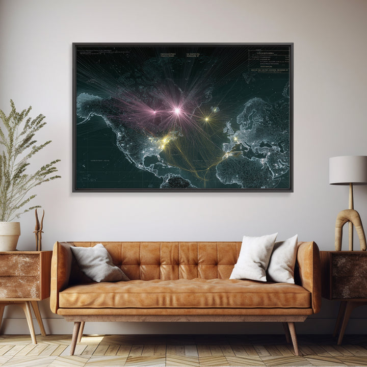 Glowing World Map Network Lights Wall Art, Modern Digital Data Artwork, Global Travel Decor, Sci Fi Space Framed Canvas Print