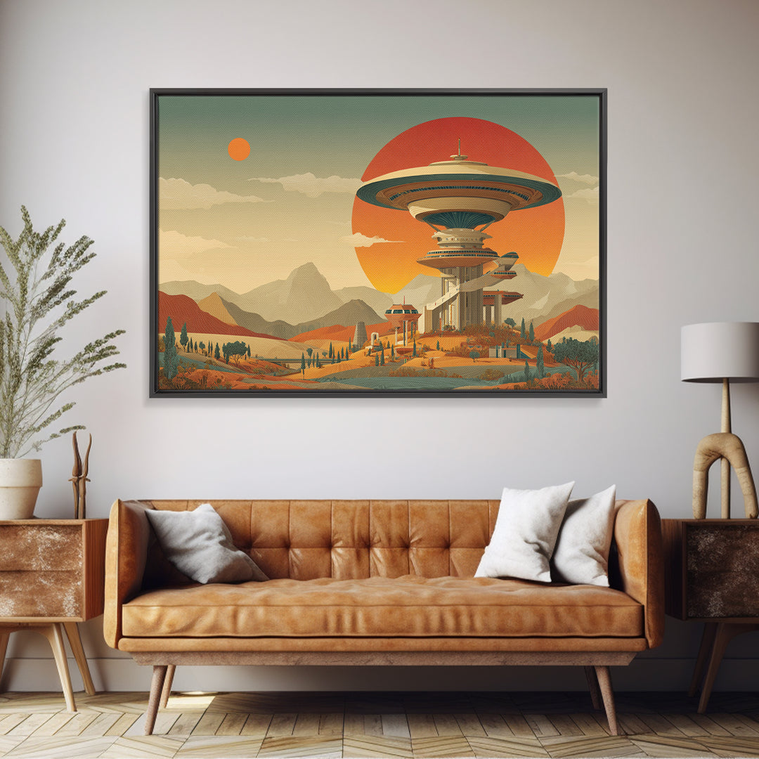 Retro Space Age Saucer Tower In Desert Framed Canvas Print, Mid Century Modern Wall Art, Sci Fi Poster, Statement Decor Print