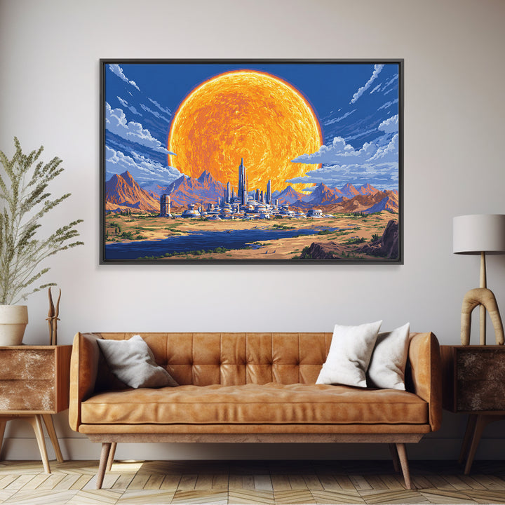 Futuristic Desert City With Giant Orange Sun Wall Art, Retro Sci Fi Poster, Midcentury Modern Art, MCM Space Decor, Living Room Decor