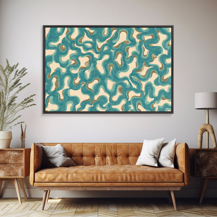 Teal Organic Maze Pattern Wall Art, Abstract Geometric Art Print, Modern Wall Decor, Coastal Boho Home Decor, MCM Artwork