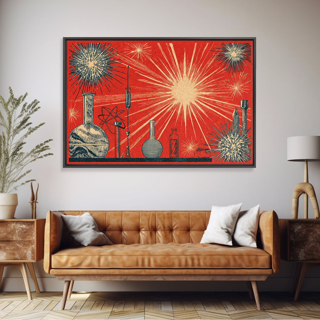 Atomic Science Lab Starburst Canvas Print, Midcentury Modern Art, Retro Wall Art, 1950s Design, Red Office Decor Poster Print