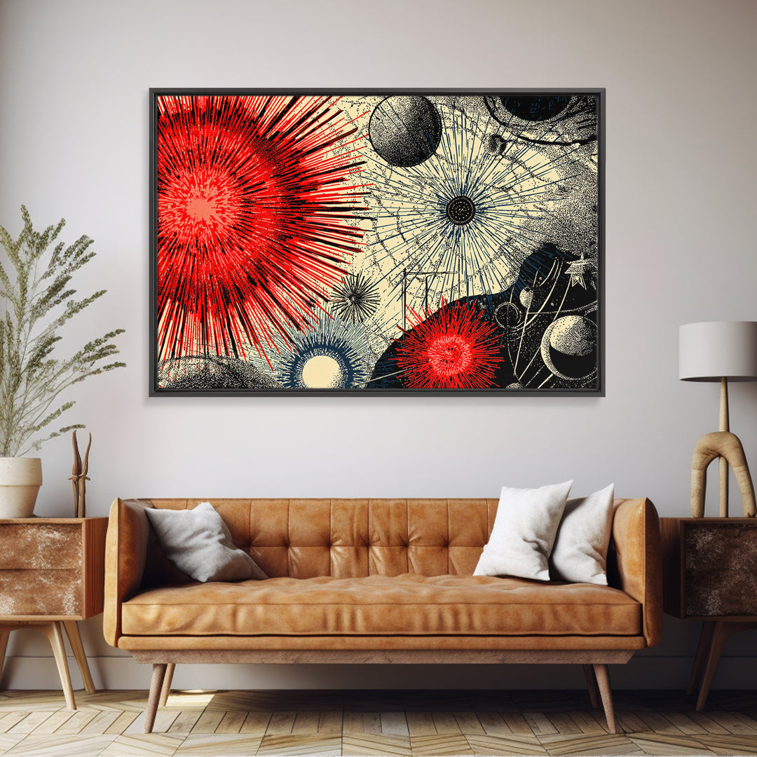 Red Black Cosmic Starburst Wall Art, Retro Space Abstract Art, Midcentury Modern Poster, Atomic Art Print, MCM Room Decor