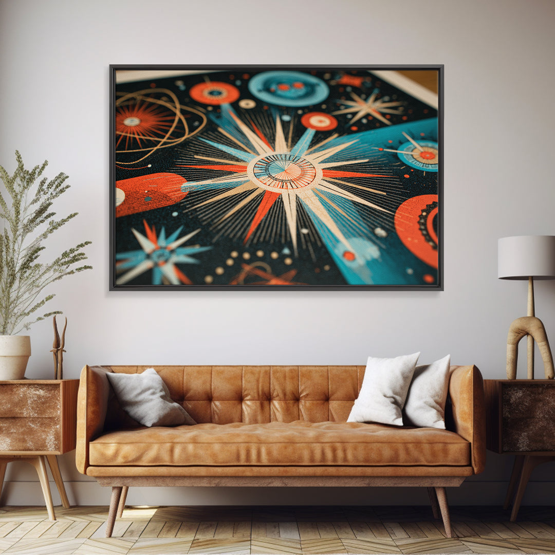 Teal Orange Atomic Starburst Framed Canvas Print, Midcentury Modern Wall Art, Retro Art Print, Space Age MCM Home Decor Poster