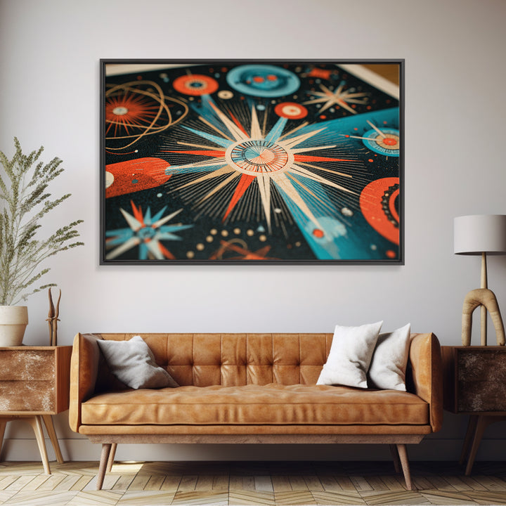 Teal Orange Atomic Starburst Framed Canvas Print, Midcentury Modern Wall Art, Retro Art Print, Space Age MCM Home Decor Poster
