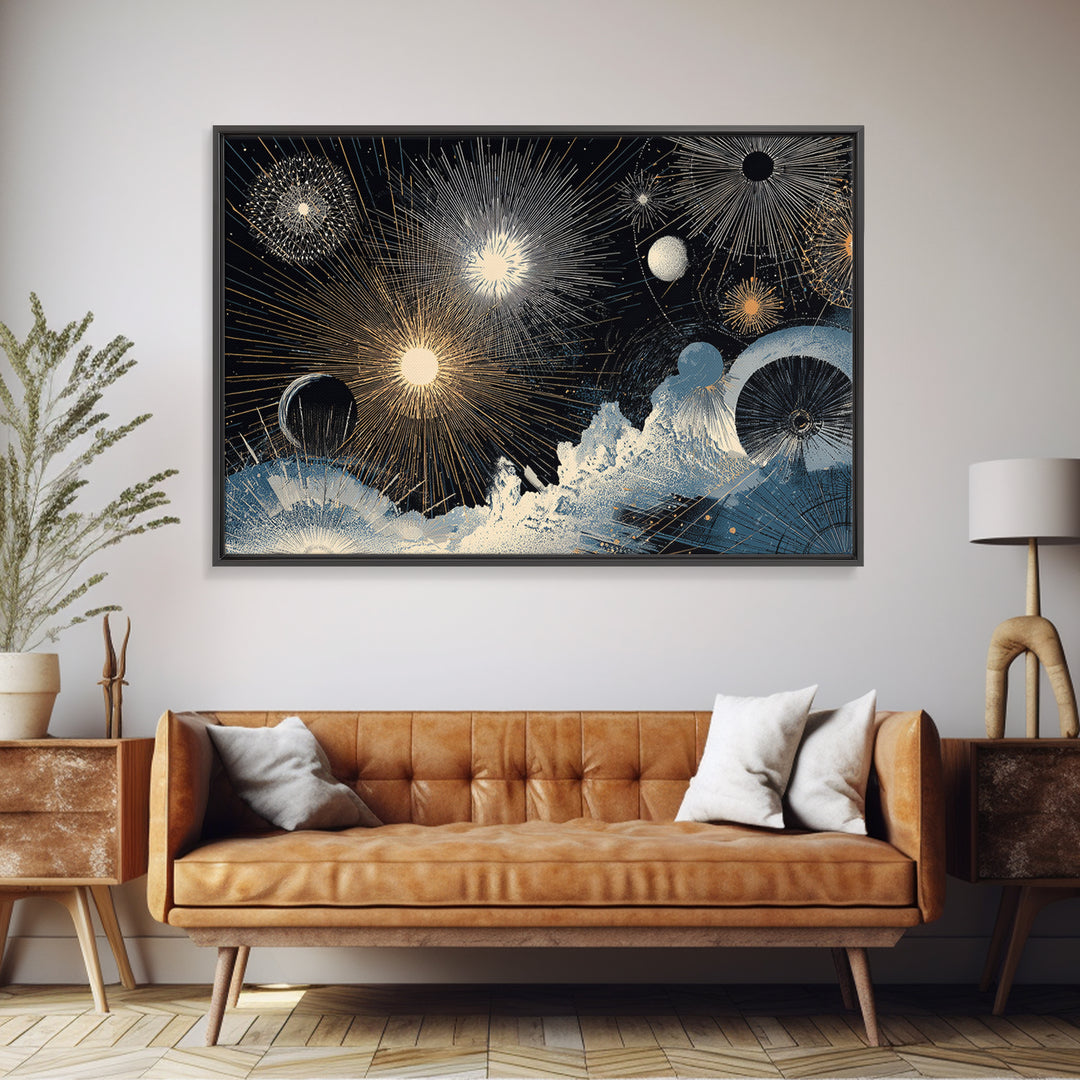 Night Sky Fireworks Over Ocean Waves Canvas Print, Celestial Wall Art, Modern Abstract Art, Blue Gold Living Room Decor Poster