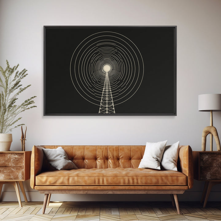 Radio Tower Concentric Signal Wall Art, Black And Cream Midcentury Modern Print, Minimalist Retro Science Office Decor Poster