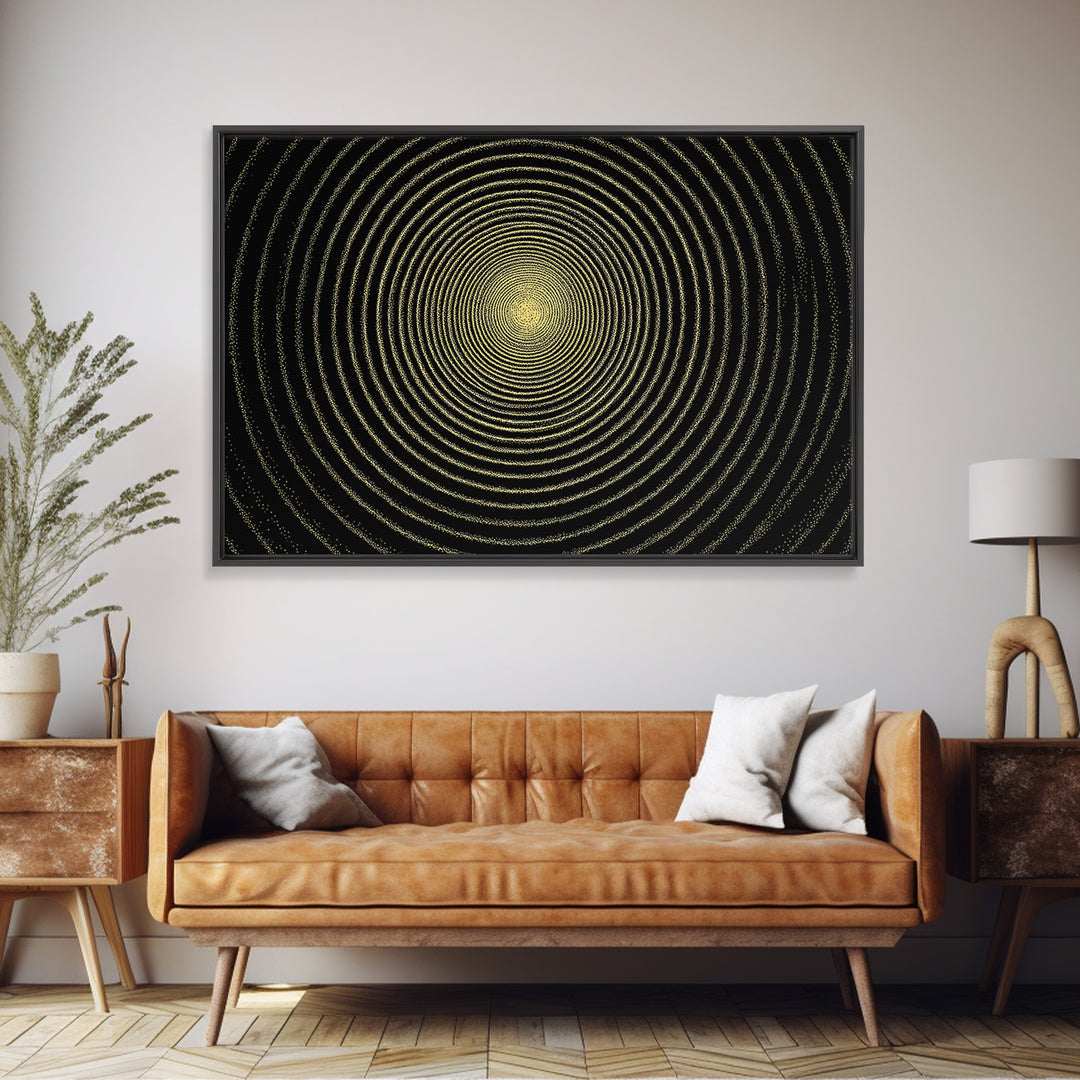 Golden Hypnotic Concentric Circles Wall Art, Black Op Art Print, Midcentury Modern Geometric Poster, Minimal Office Decor