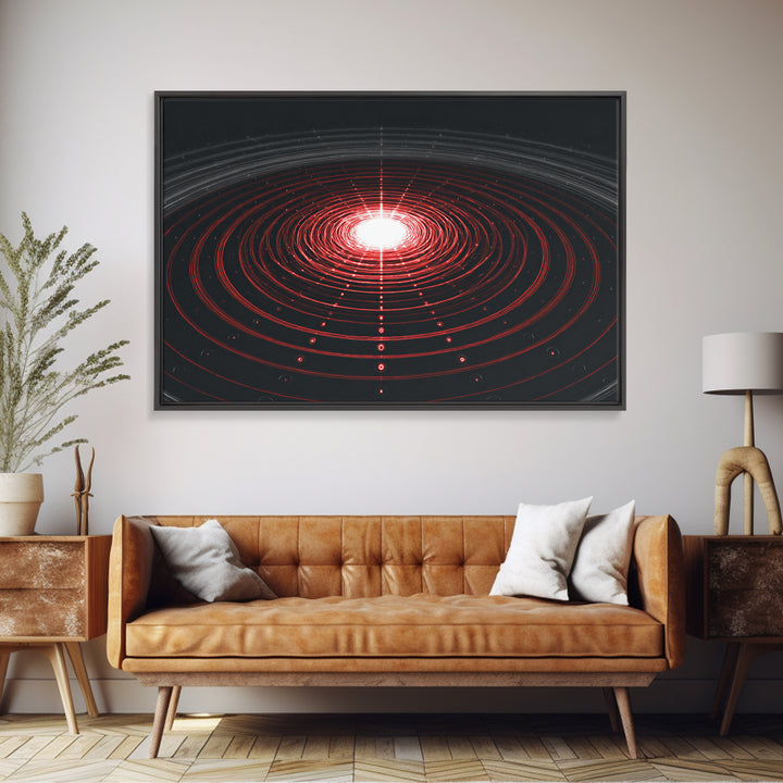 Glowing Red Orbit Disk Wall Art, Sci Fi Abstract Canvas Print, Futuristic Midcentury Modern Poster, Black Office Decor Print