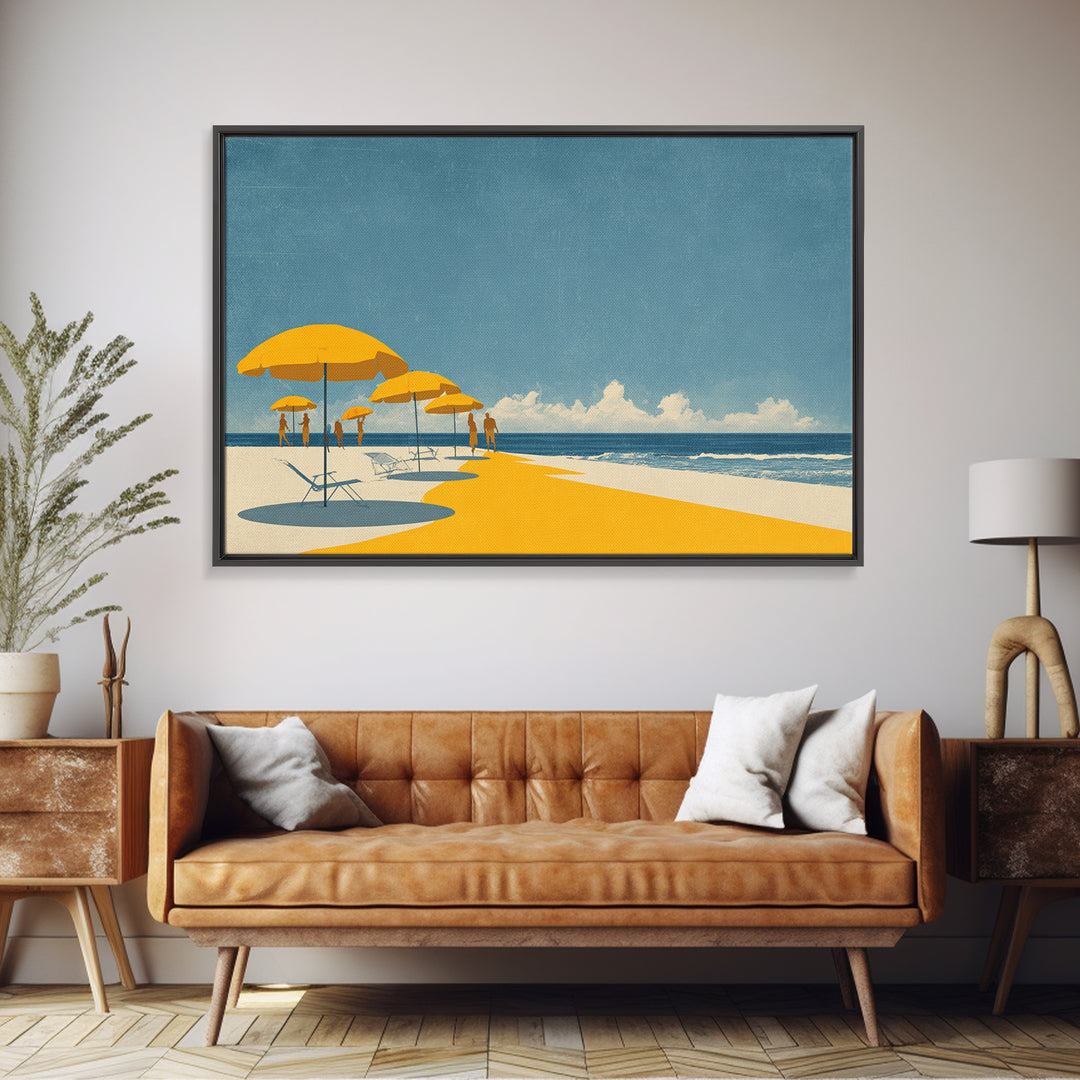 Yellow Beach Umbrellas And Blue Sea Wall Art, Retro Travel Canvas Print, Coastal Summer Poster, Bright Living Room Decor