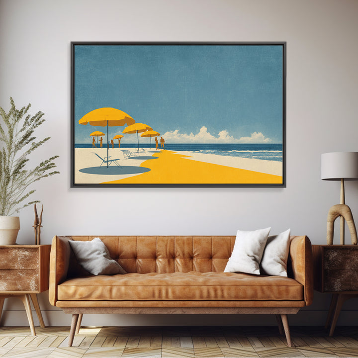 Yellow Beach Umbrellas And Blue Sea Wall Art, Retro Travel Canvas Print, Coastal Summer Poster, Bright Living Room Decor