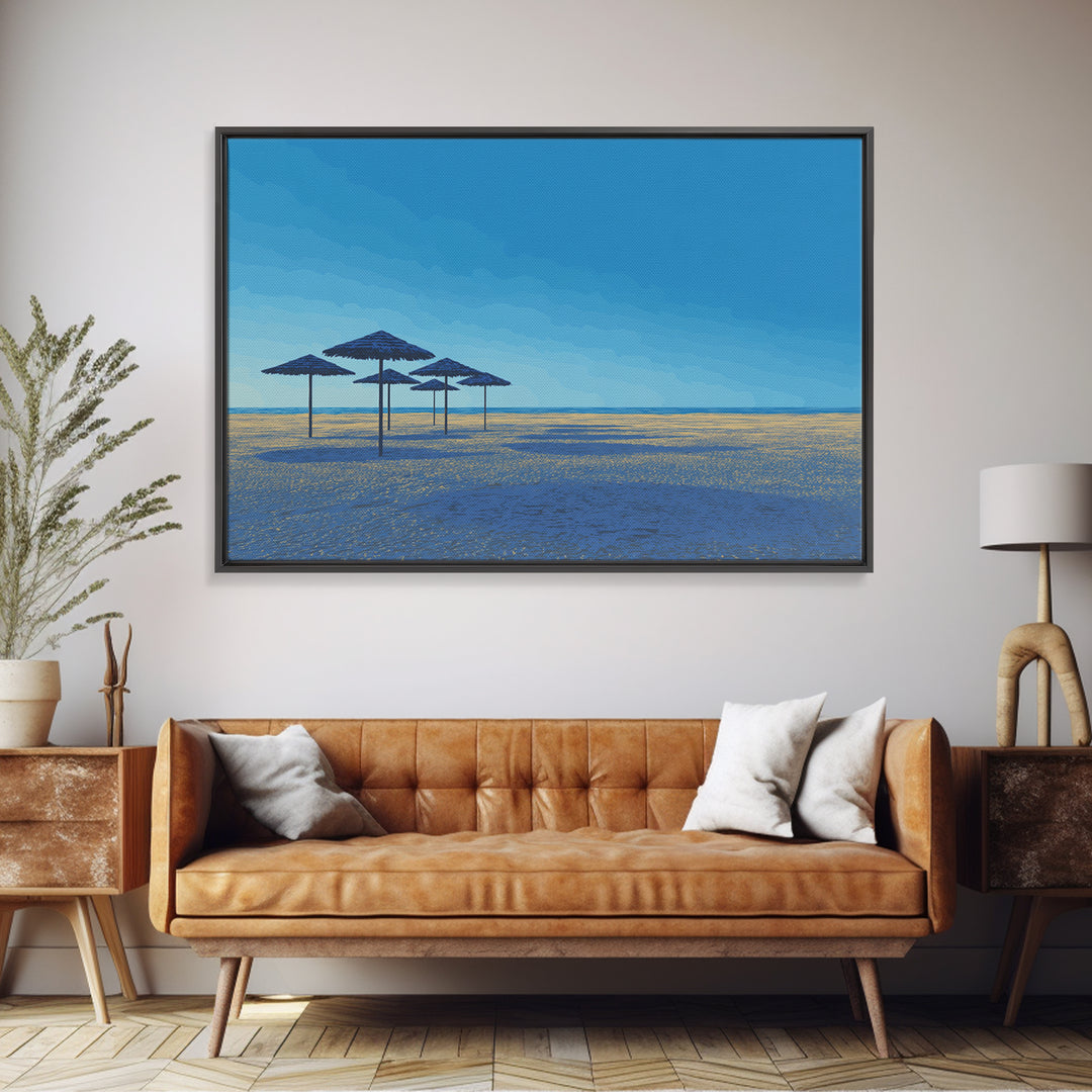 Blue Shoreline Umbrellas Wall Art, Minimal Coastal Canvas Print, Midcentury Modern Travel Poster, Calm Beach House Decor