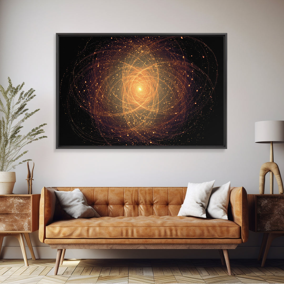 Golden Atomic Particle Orb Wall Art, Modern Abstract Art Print, Space Abstract Art, Midcentury Decor, Framed Canvas Print