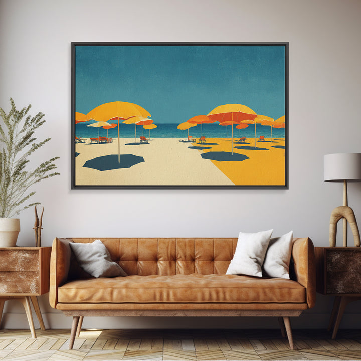 Sunny Yellow Beach Umbrellas Wall Art, Retro Coastal Canvas, Midcentury Modern Decor, Ocean Summer Print For Living Room