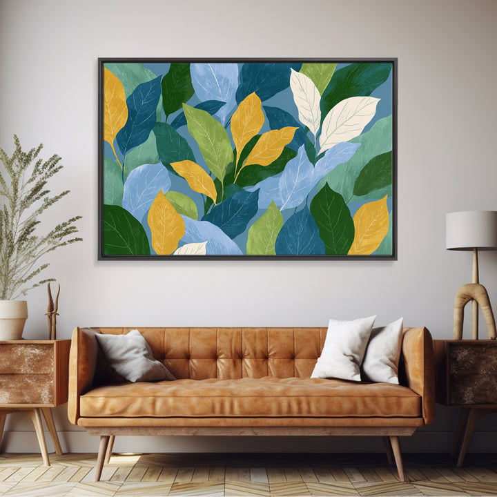 Layered Blue Green And Gold Leaves Wall Art, Botanical Midcentury Modern Art Print, Nature Decor For Bedroom Living Room