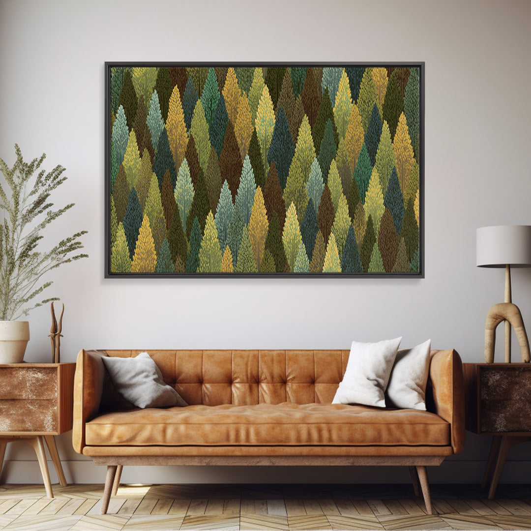 Textured Green Gold Forest Wall Art, Scandinavian Midcentury Modern Art Print, Nature Landscape Decor For Living Room Office