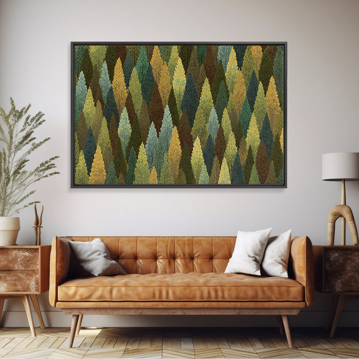 Textured Green Gold Forest Wall Art, Scandinavian Midcentury Modern Art Print, Nature Landscape Decor For Living Room Office