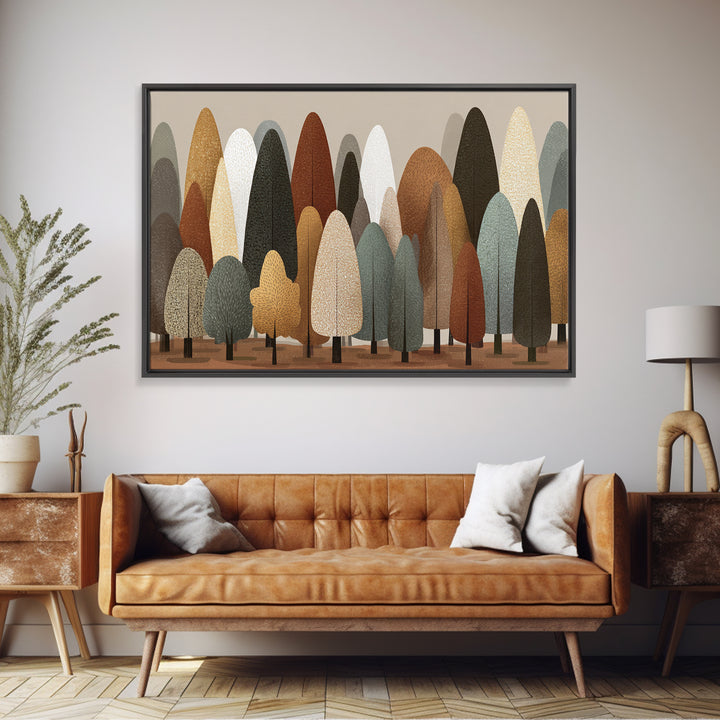 Neutral Earth Tone Stylized Trees Wall Art, Scandinavian Midcentury Modern Canvas Print, Minimalist Forest Decor For Home