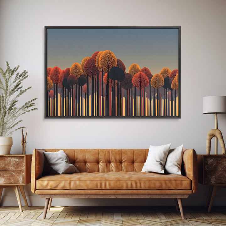 Autumn Orange Red Treeline Wall Art, Bold Midcentury Modern Canvas Print, Retro Forest Decor For Living Room Home Office