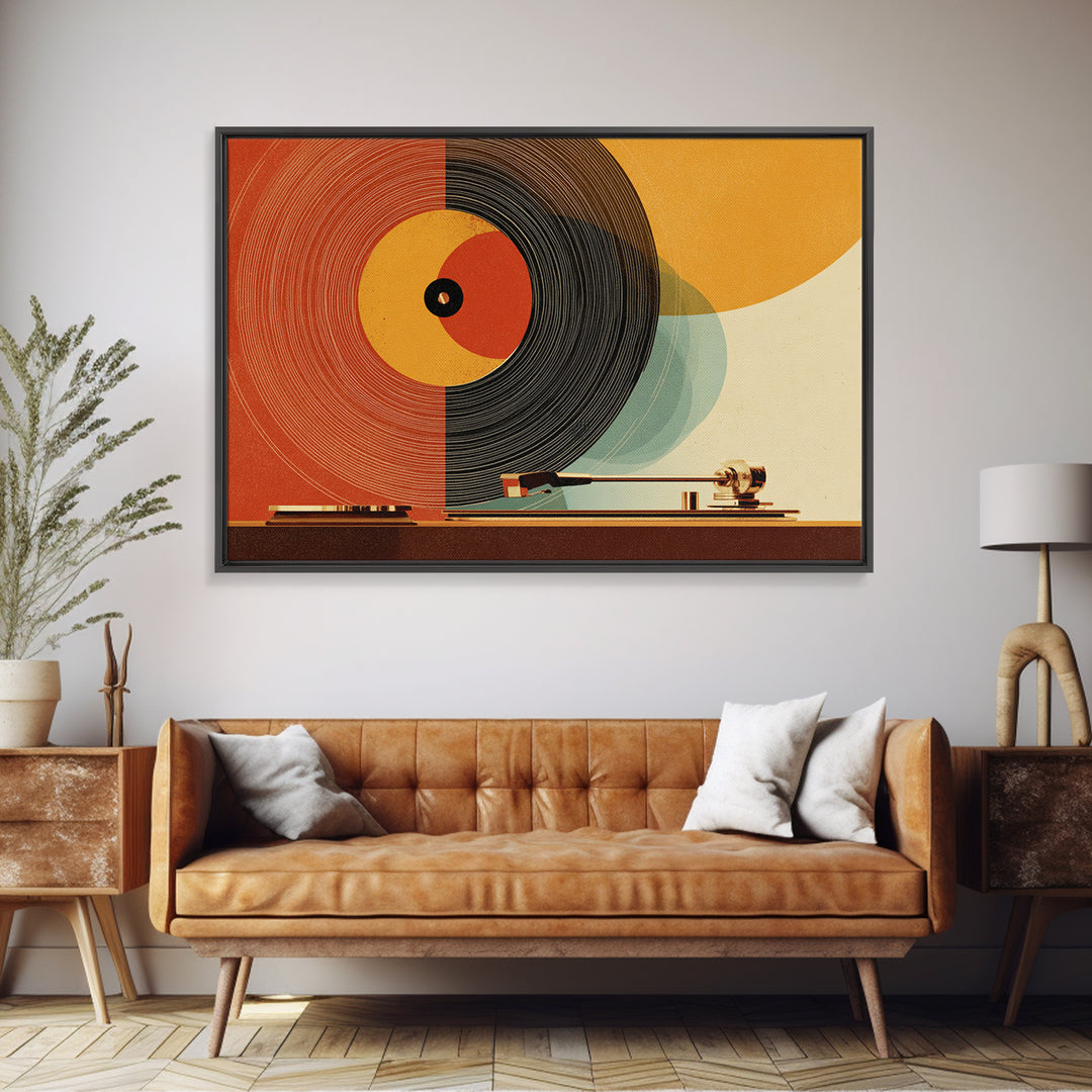 Orange Vinyl Turntable Abstract Wall Art, Mid Century Modern Music Poster, Retro Record Player Decor, Bold MCM Home Decor