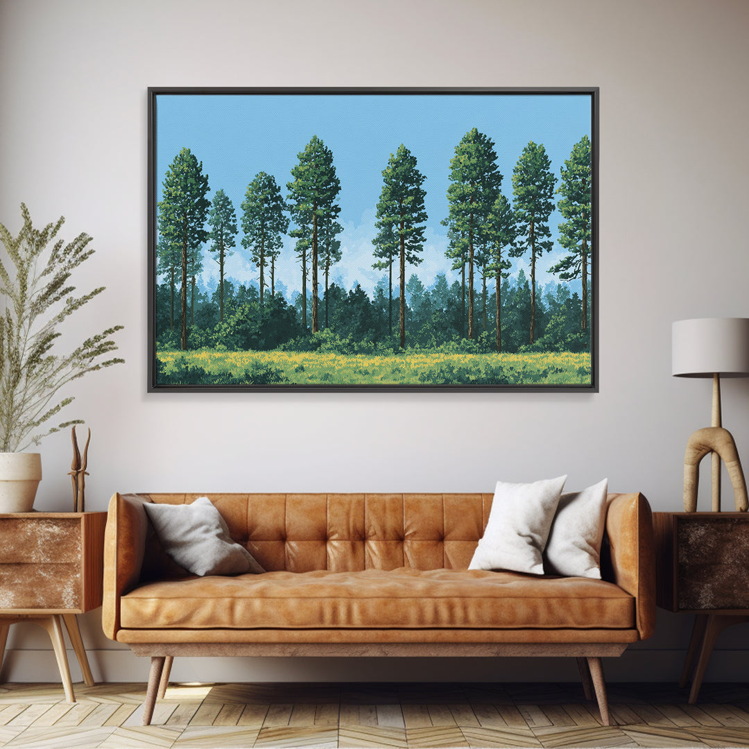 Tall Pine Forest Meadow Wall Art, Nature Landscape Canvas Print, Midcentury Modern Decor For Cabin Living Room Office Art