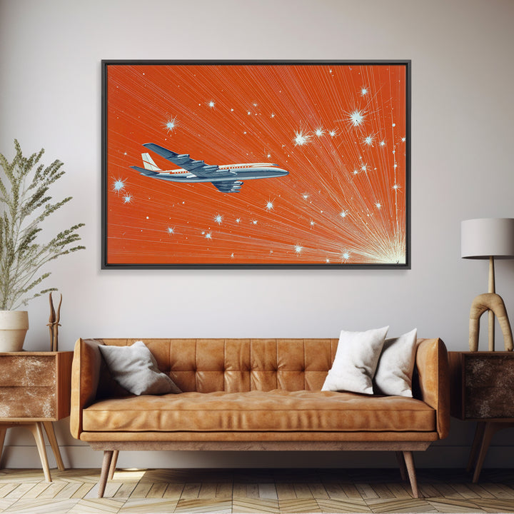 Orange Starburst Jet Canvas Print, Midcentury Modern Wall Art, Retro Aviation Poster, Bold Atomic Travel Decor Gift For Him