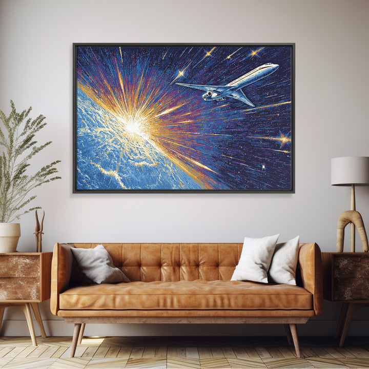 Space Age Jet Over Earth Wall Art, Midcentury Modern Poster, Retro Sci Fi Aviation Print, Blue Atomic Home Decor Gift For Him