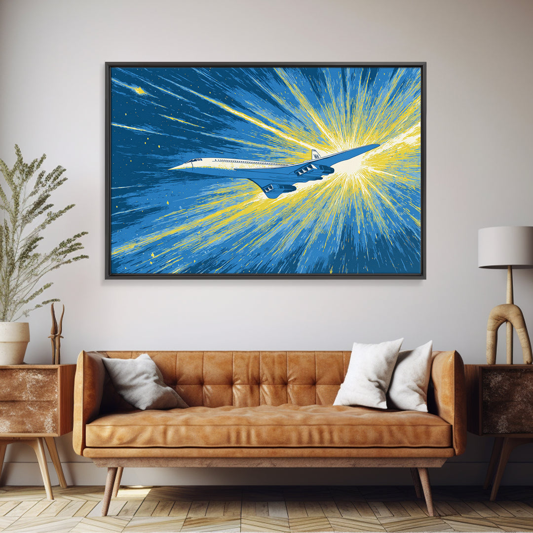Supersonic Jet Burst Framed Canvas Print, Midcentury Modern Wall Art, Retro Sci Fi Poster, Blue Yellow Aviation Home Decor