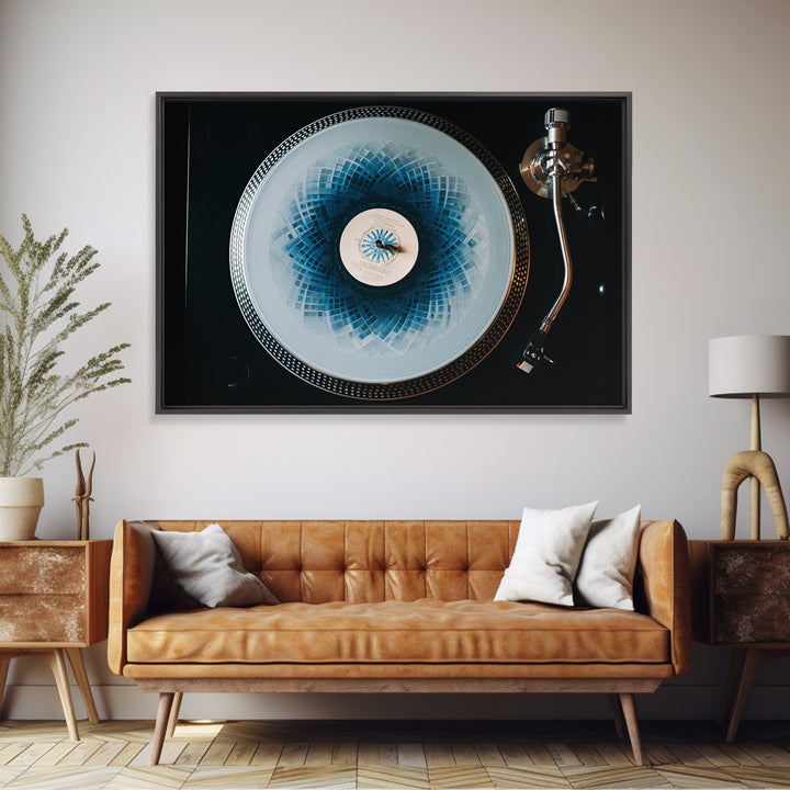 Blue Spirograph Vinyl Record Framed Canvas Print, Modern Music Wall Decor, Turntable Photography, Geometric MCM Art Print