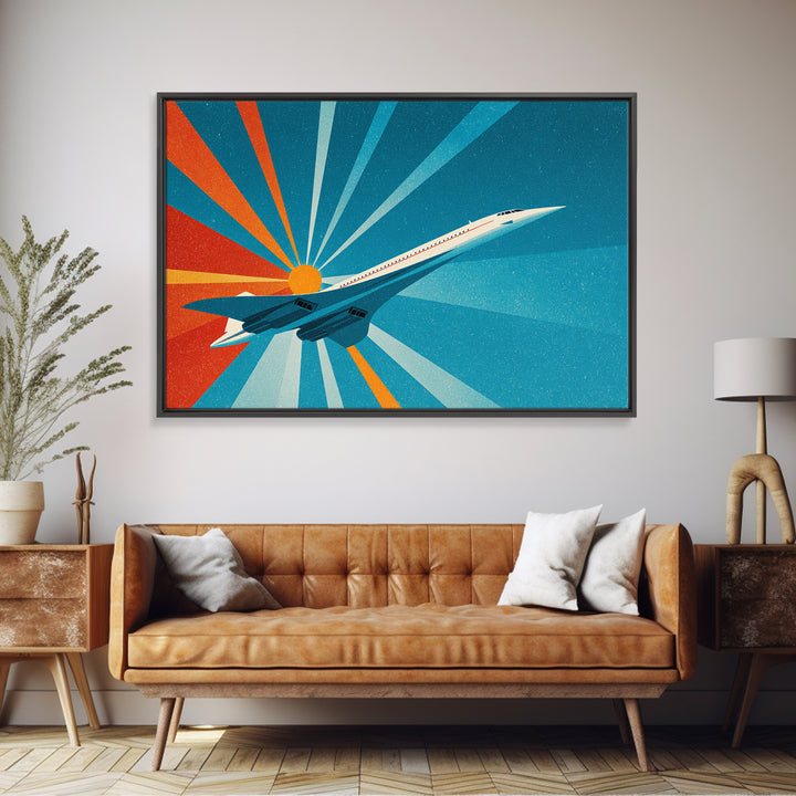 Retro Jet Sunrise Rays Canvas Print, Midcentury Modern Wall Art, Atomic Aviation Poster, Teal Orange Travel Decor Gift For Him