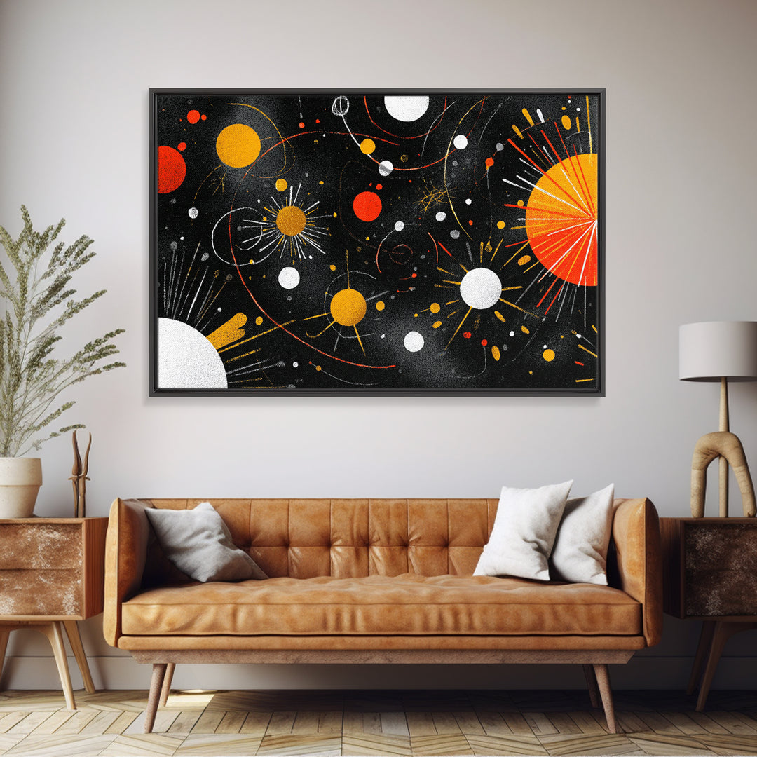 Atomic Black Cosmic Orbits With Red And Gold Suns Wall Art, Mid Century Modern Space Abstract Print, Retro MCM Wall Decor