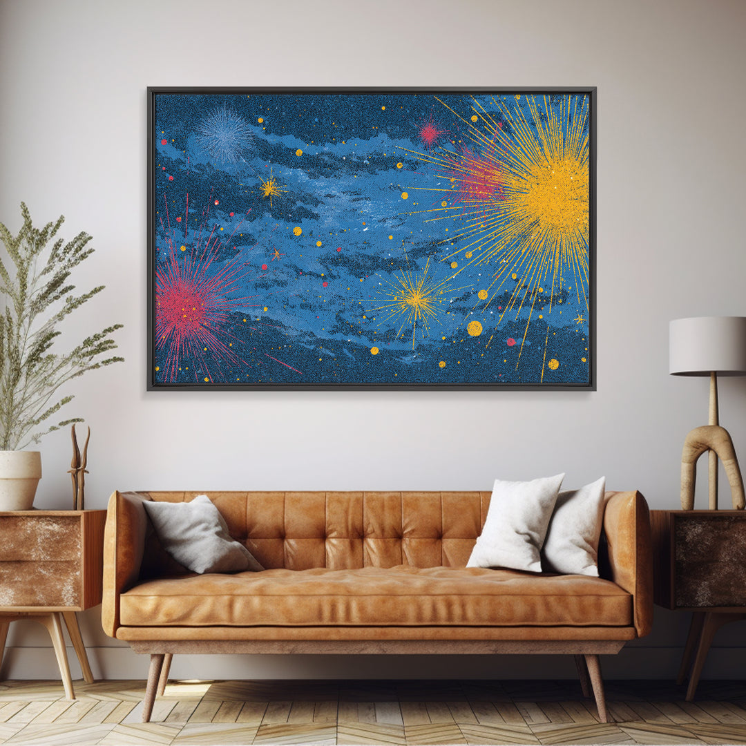 Blue Nebula Sky With Yellow Pink Starbursts Canvas Print, Mid Century Modern Space Abstract Art, Retro Colorful Wall Decor