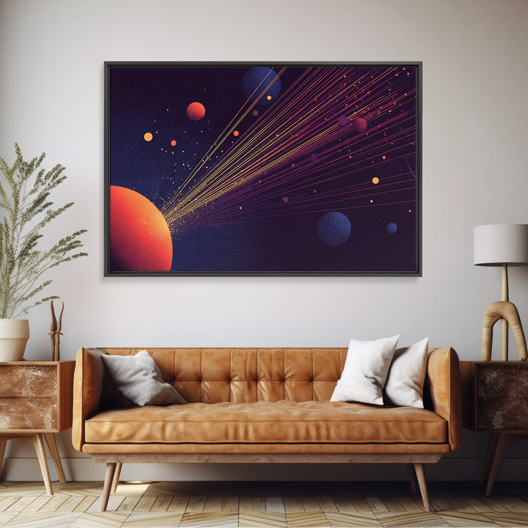 Orange Planet With Laser Orbit Lines Canvas Print, Mid Century Modern Space Poster, Retro Sci Fi Wall Art, MCM Room Decor