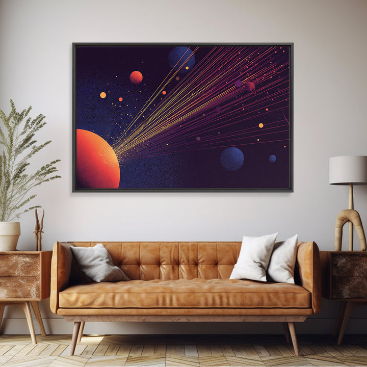 Orange Planet With Laser Orbit Lines Canvas Print, Mid Century Modern Space Poster, Retro Sci Fi Wall Art, MCM Room Decor