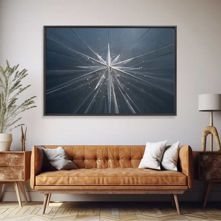 Silver Starburst In Blue Glass Tunnel Wall Art, Modern Abstract Art Print, Minimalist Geometric Decor, Statement Home Office