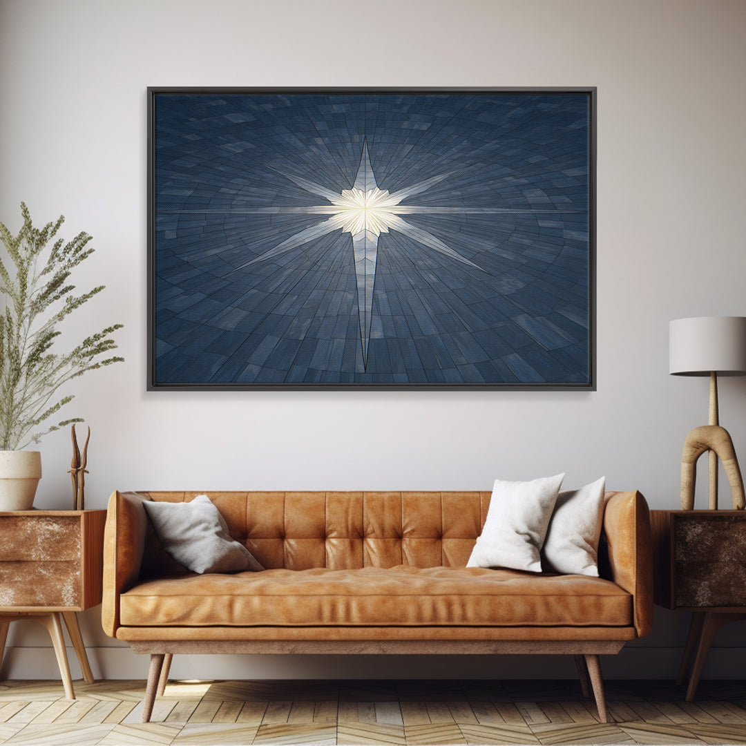 Glowing Star On Blue Geometric Tiles Canvas Print, Modern Wall Art, Abstract Architectural Decor, Minimalist MCM Poster Print